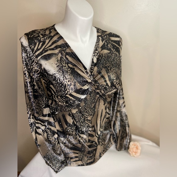 Reba Tops - Reba~Form Fitting Metallic Animal Print Top~V-Neck w/Twist Accent~Size L